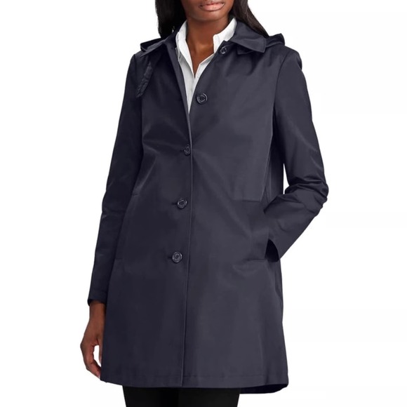 Lauren Ralph Lauren L Balmacaan Navy Trench‎ Raincoat Hooded Water Resistant